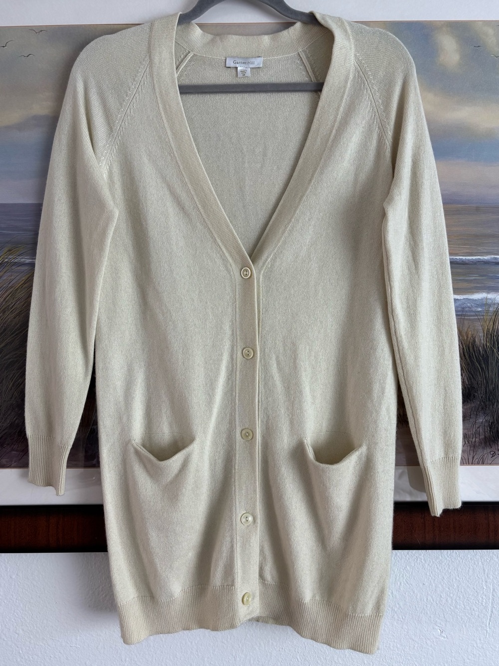 Garnet Hill Cream Silk Cashmere Long V-Neck Cardigan Sweater Pockets XS